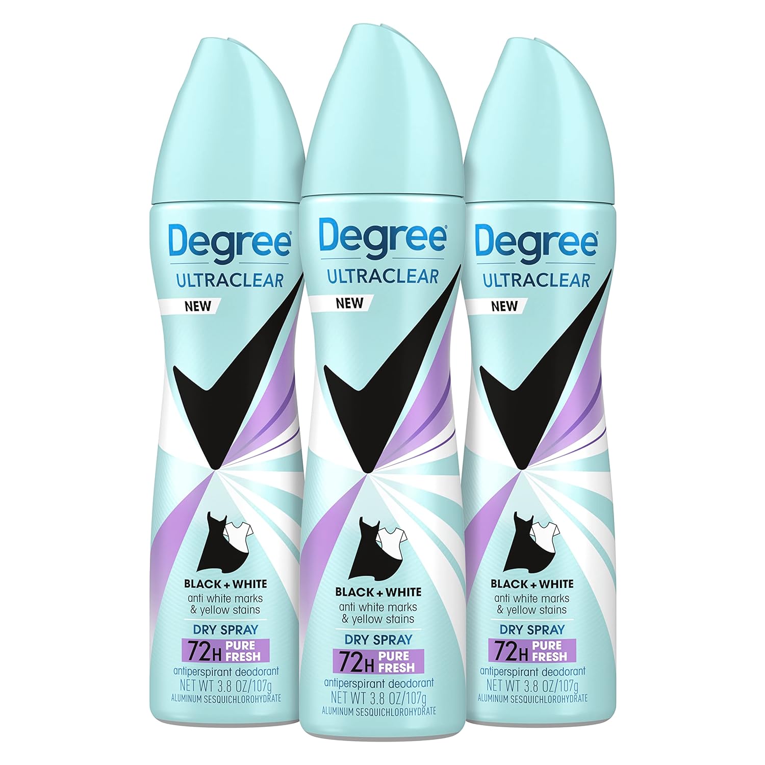 Degree Antiperspirant Dry Spray Pure Fresh 3 Count Anti White Marks and Yellow Stains Deodorant for Women 3.8 oz