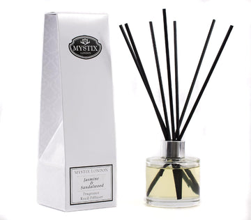 Mystix London | Jasmine & Sandalwood Fragrance Oil Reed Diffuser | 100ml | Best Aroma for Home, Kitchen, Living Room and Bathroom | Perfect as a Gift | Refillable