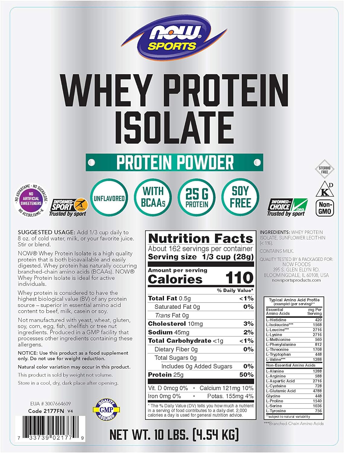 NOW Foods Sports Nutrition, Whey Protein Isolate, 25 g With BCAAs, Unflavored Powder, 10-Pound : Health & Household