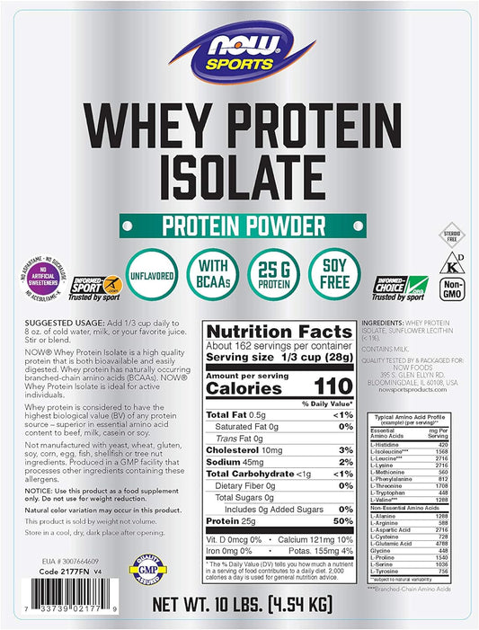 NOW Foods Sports Nutrition, Whey Protein Isolate, 25 g With BCAAs, Unflavored Powder, 10-Pound : Health & Household