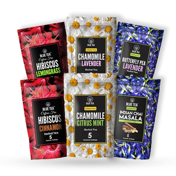 Blue Tea - Assortment Flower Sampler Tea (6 Flavors, 30 Plant Based Teabags) | Variety Pack | Flower Based - Herbal Tea- Caffeine Free | Non-Bitter - Natural Ingredients - Vegan