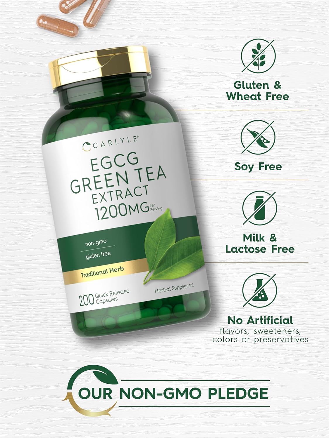 Carlyle Egcg Green Tea Extract Supplement | 1200Mg | 200 Capsules | Non-Gmo And Gluten Free