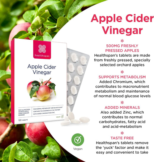 Healthspan Apple Cider Vinegar 500mg | 120 Tablets | Friendly Bacteria | Metabolism Support | Added Zinc & Chromium | Vegan