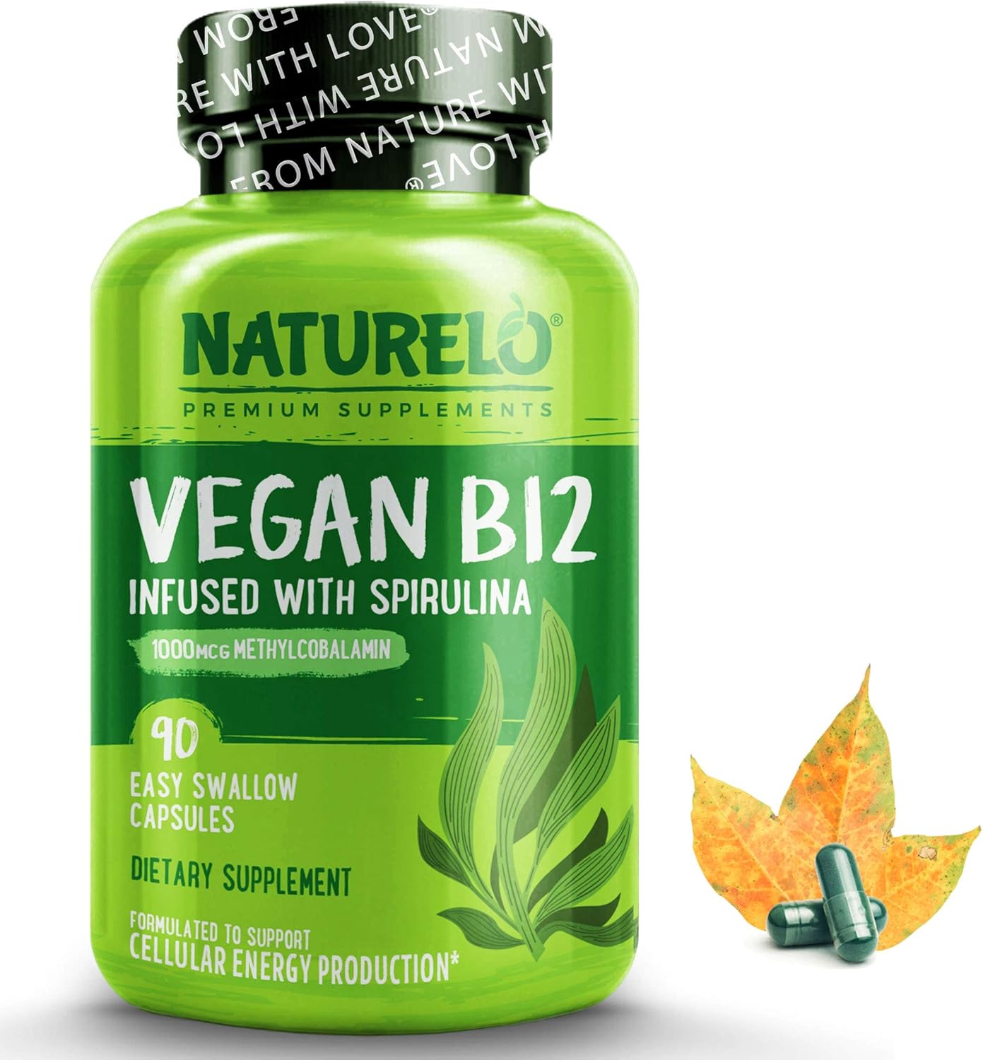 Naturelo Vegan B12 - Methyl B12 With Organic Spirulina - High Potency Vitamin B12 1000 Mcg Methylcobalamin - Supports Healthy Mood, Energy, Heart & Eye Health - 90 Capsules