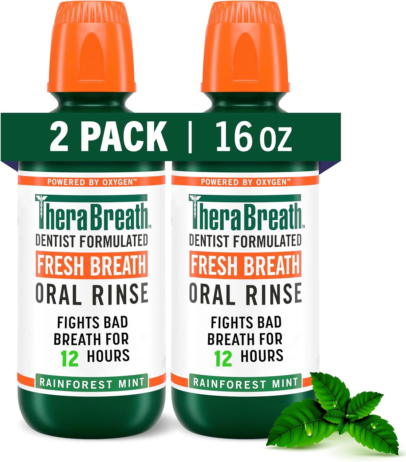 TheraBreath Fresh Breath Mouthwash, Rainforest Mint, Alcohol-Free, 16 Fl Oz (2-Pack)