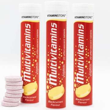 Vitamin Store Effervescent Multivitamins - 3 Packs Of 20 Blackcurrant Flavour Fizzy Dissolvable Tablets - Vitamins A, C, D, E, K, B1, B2, B6 B12, Folic Acid - 2 Month Supply (60 Effervescent Tablets)