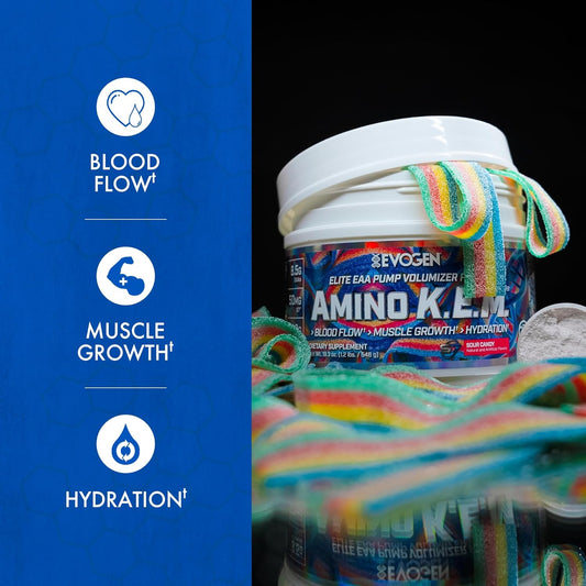 Evogen Amino K.E.M. - Eaa & Bcaa Powder Pump Volumizer | Bcaas Amino Acids Supplement For Blood Flow, Muscle Growth, & Hydration | Sour Candy | 30 Servings