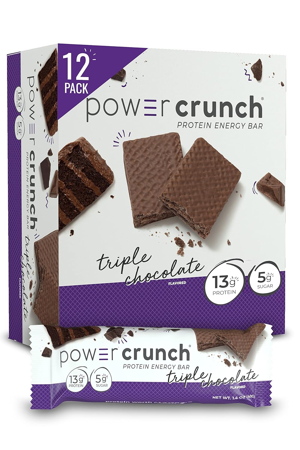 Power Crunch Protein Wafer Bars, High Protein Snacks With Delicious Taste, Triple Chocolate, 1.4 Ounce (12 Count)