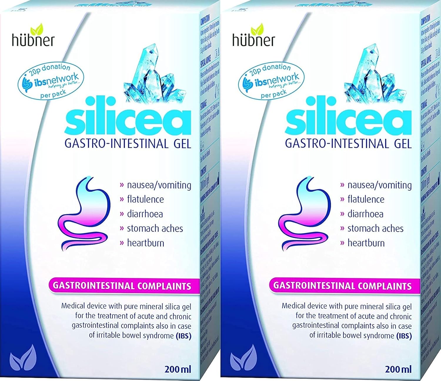 Hubner Silicea Gastrointestinal Gel Stomach Ache, Flatulence, Nausea, Vomiting, Diarrhoea And Heartburn 200Ml (Twin Pack)
