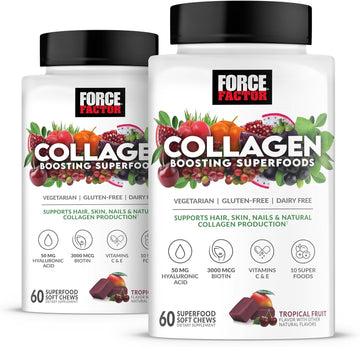 Force Factor Collagen Boosting Superfoods with Biotin, Hyaluronic Acid, Bamboo, and Hair, Skin, and Nails Vitamins, Nail and Skin Supplement, Tropical Fruit Flavor, 120 Soft Chews - 2 Pack