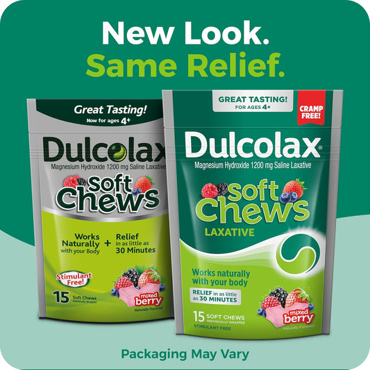 Dulcolax Saline Laxative Soft Chews, Gentle Constipation Relief, Mixed Berry Flavor, Magnesium Hydroxide 1200 Mg, 15 Count