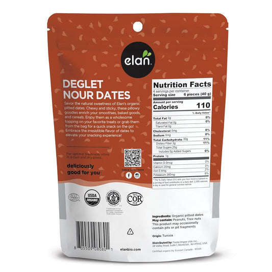 Elan Organic Pitted Dates, 6.5 Oz, Naturally Sweet Dried Fruits, No Pits, No Sugar Added, No Sulphites, Non-Gmo, Vegan, Gluten-Free, Kosher, Deglet Noor Dried Dates