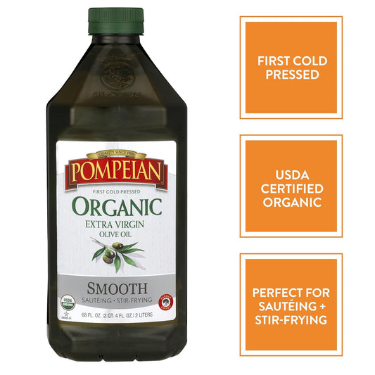 Pompeian Usda Organic Smooth Extra Virgin Olive Oil, First Cold Pressed, Smooth, Delicate Flavor, Perfect For Sautéing & Stir-Frying, 68 Fl. Oz