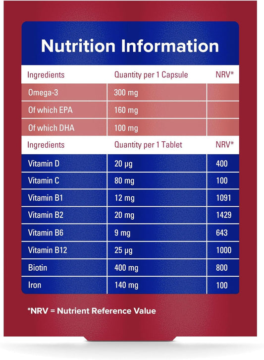 Seven Seas Omega-3 & Multivitamins Woman, With Biotin And Iron, 30-Day Duo Pack, 30 Omega-3 Capsules And 30 Multivitamin Tablets