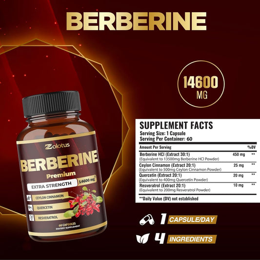 Zolotus Berberine Supplement 14600Mg With Ceylon Cinnamon, Quercetin, Resveratrol For Support Immune Fuction