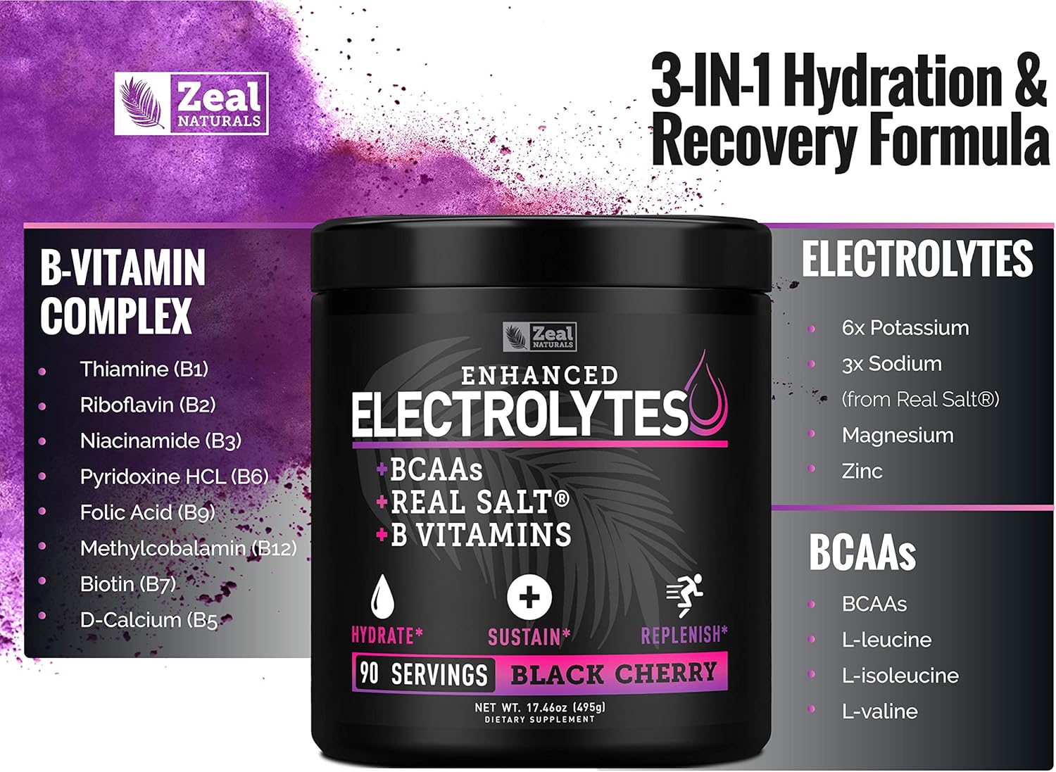 Enhanced Electrolyte Powder (Black Cherry| 90ct.) Sugar Free + BCAA, B-Vitamins & Real Salt® - Keto Electrolytes Drinks, Hydration Powder w Potassium, Sodium, Zinc, Magnesium for Hydration & Recovery : Health & Household