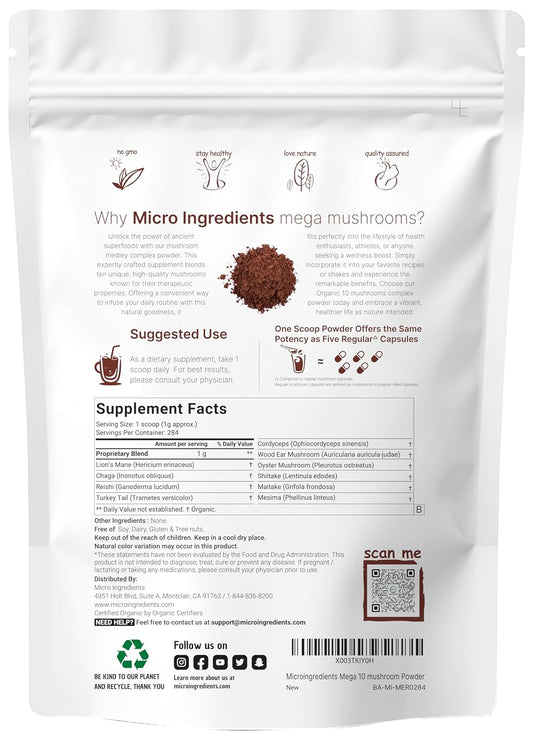 Micro Ingredients Organic Mega Mushroom 10 in 1 Complex Formula Powder for Immune System Booster, 10 Ounce (284 Days Supply), Chaga, Lions Mane, Cordyceps, Reishi & More, Filler Free, Vegan