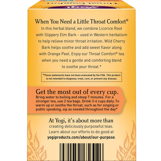 Yogi Tea Throat Comfort Tea - 16 Tea Bags Per Pack (4 Packs) - Herbal Tea For Throats - Organic Throat-Soothing Tea - Includes Licorice Root, Wild Cherry Bark, Slippery Elm Bark & More