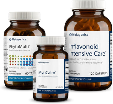 Metagenics Inflavonoid Intensive Care - 120 Softgels, Myocalm - 60 Tablets, And Phytomulti Without Iron - 60 Tablets