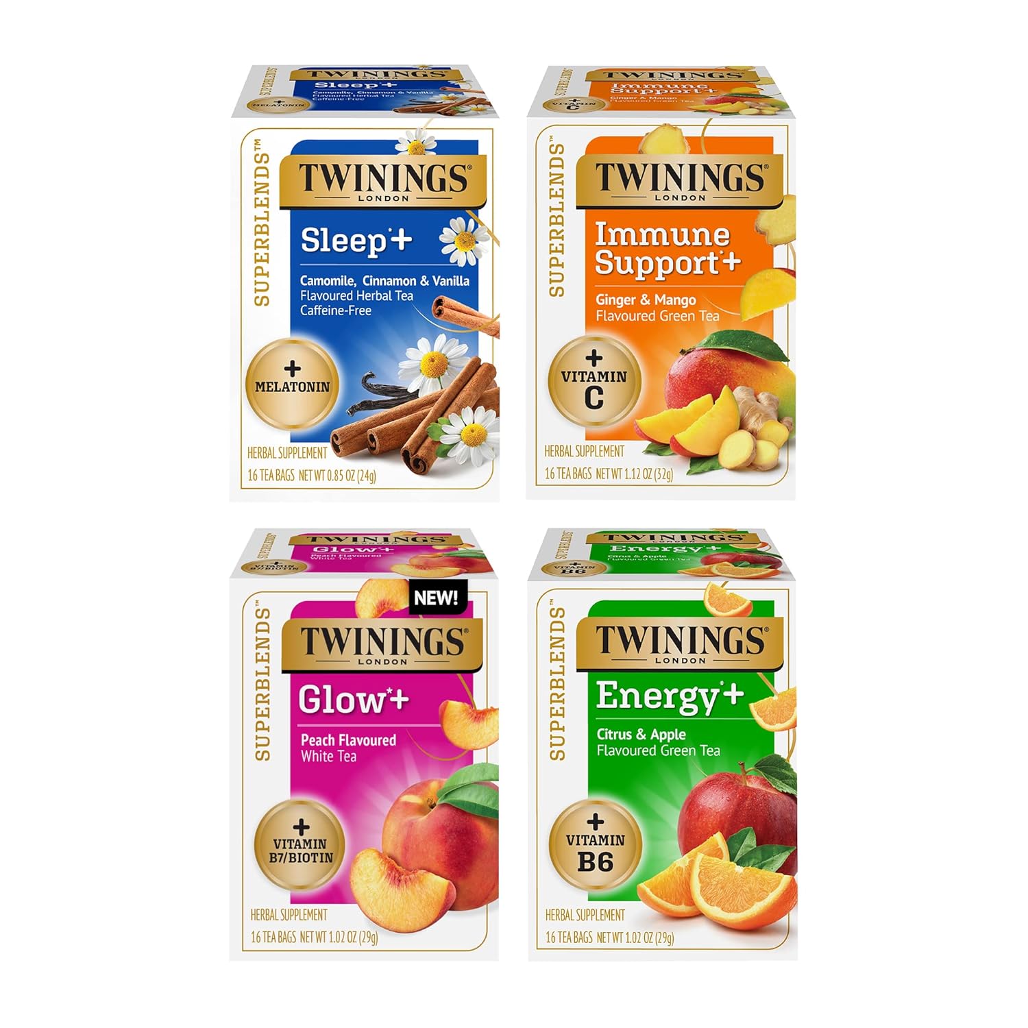 Twinings Superblends Variety Sampler Pack,Flavoured Herbal, Green & White Tea,Energy+ Vitamin B6, Sleep+ Melatonin, Immune Support+ Vitamin C, Glow+ B7/Biotin, 16 Count (Pack Of 4), Enjoy Hot Or Iced