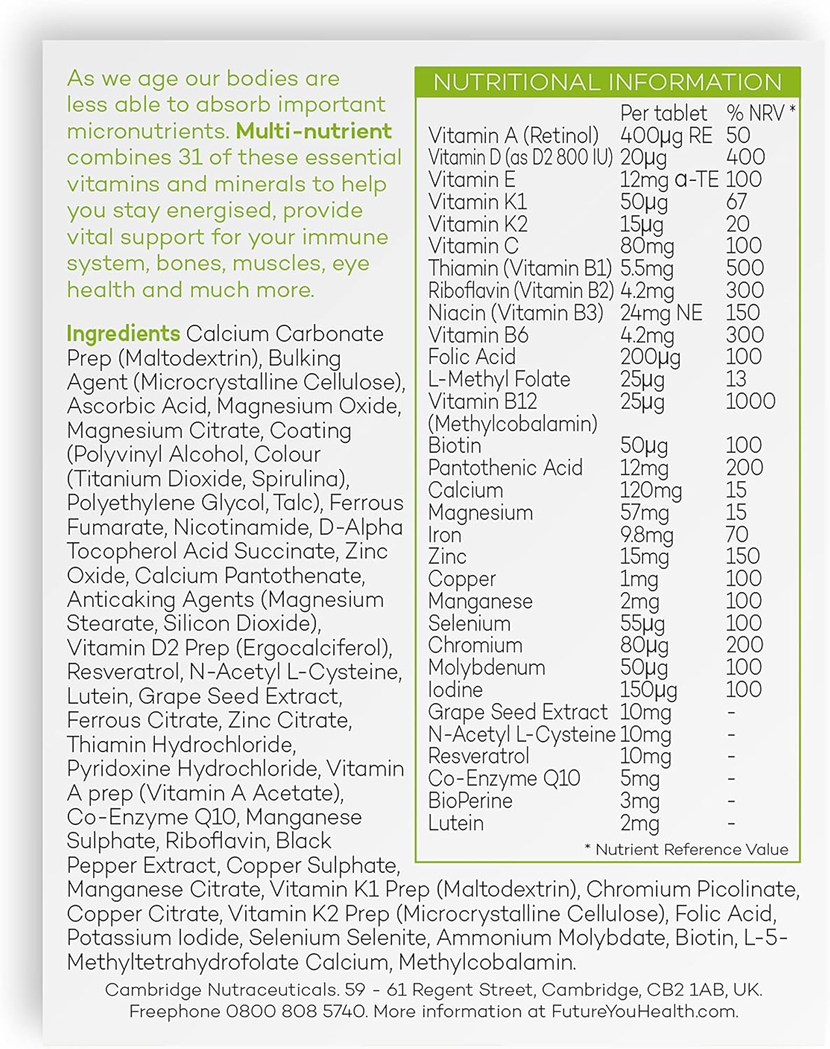 Prime Fifty Multi-Nutrient Vegan Multivitamin Tablets – 32 Multivitamins & Minerals Including Vitamin B Complex, Calcium, Zinc & Vitamin D – 28 Day Supply – Immune System Vitamins for 50+ : Amazon.co.uk: Health & Personal Care
