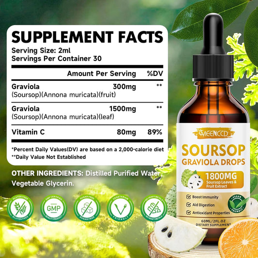 Soursop Graviola Liquid Drops 1800Mg, Natural Antioxidant, Cell Support & Regeneration, Immune Boost, Soursop Bitters Liquid, Sugar-Free, Non-Gmo, Vegan, Orange Flavor, 2 Fl Oz