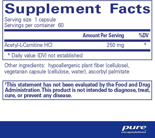 Pure Encapsulations Acetyl-L-Carnitine 250 Mg - Memory & Brain Supplement - Brain Support & Focus* - Gluten Free & Non-Gmo - 60 Capsules