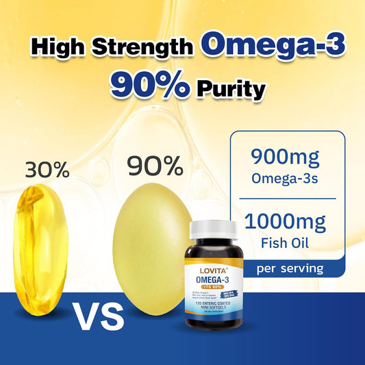 Lovita Omega-3 Fish Oil, 2000Mg Daily, High Absorption Rtg Form, 90% Omega-3, Burpless, Easy To Swallow, Support Healthy Heart, Brain And Eyes, 120 Enteric-Coated Softgels