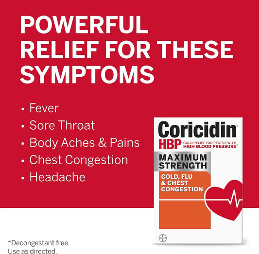 Coricidin Hbp, Decongestant-Free Cold Symptom Relief For People With High Blood Pressure, Maximum Strength, Flu & Chest Congestion Liquid Gels, 24 Count