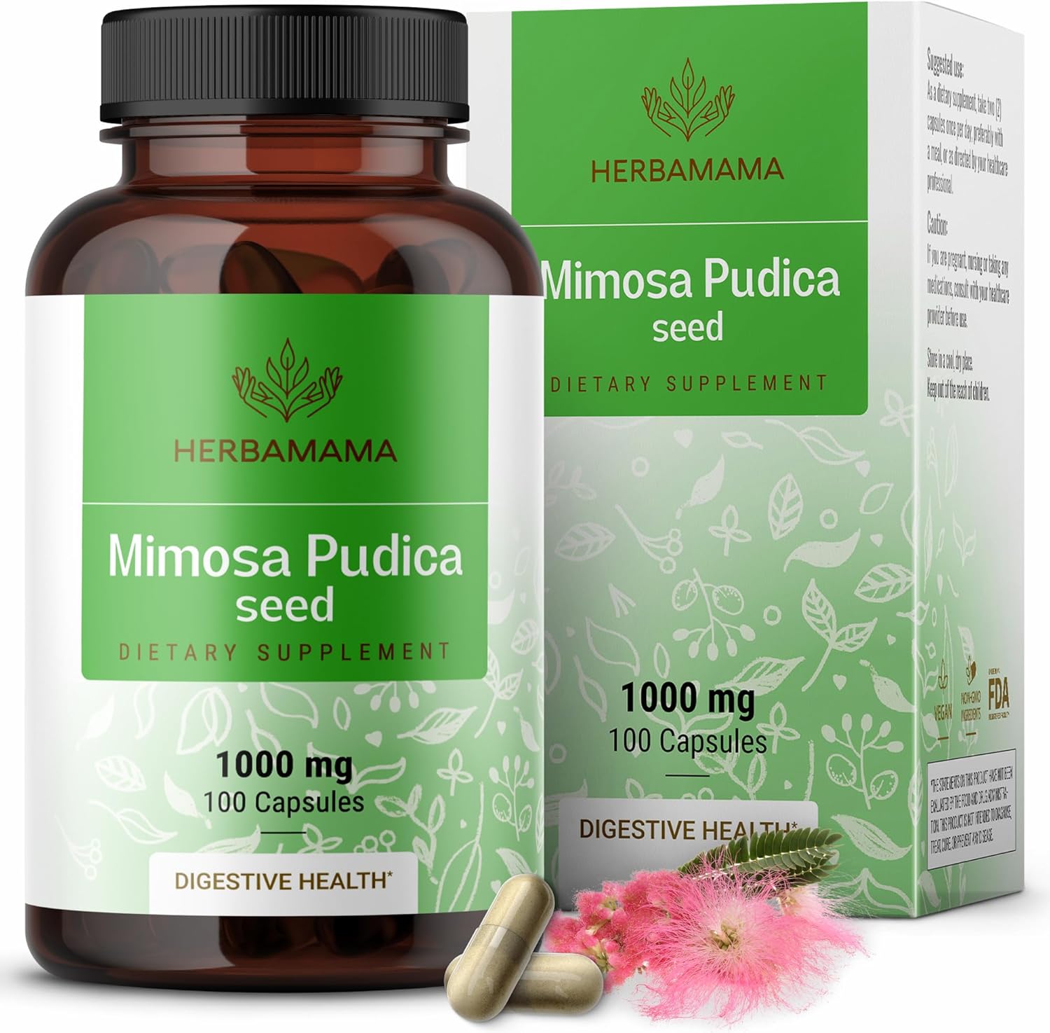 Herbamama Mimosa Pudica Seeds Capsules - Organic Mimosa Pudica Seed Supplement - Promoting Digestive Cleanse And Detox Support - 1000Mg, 100 Caps