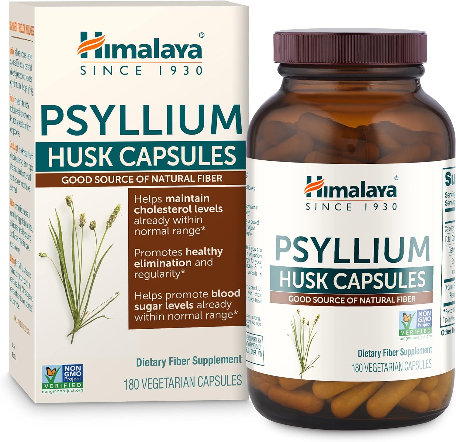 Himalaya Psyllium Husk Capsules, Natural Daily Fiber Supplement, Regularity, Constipation, Supports Heart Health, Appetite Management, Non-GMO, Gluten Free, Vegan, 180 Capsules