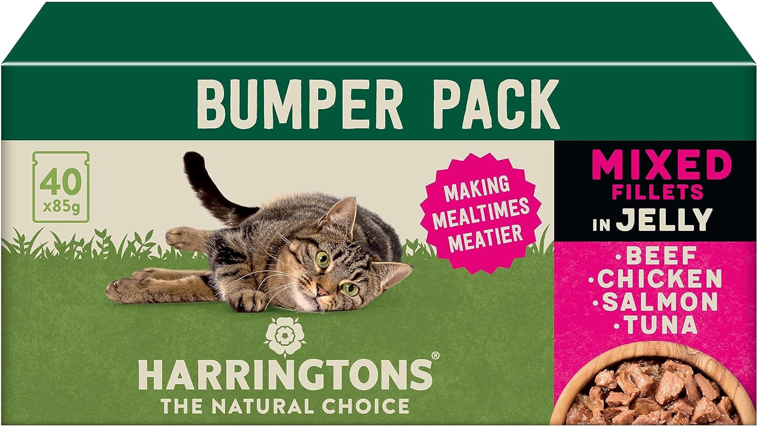 Harringtons Complete Wet Pouch Grain Free Hypoallergenic Adult Cat Food Mixed in Jelly Pack 40x85g - Beef, Chicken, Salmon & Tuna- Making Mealtimes Meatier?HARRWCATM-C40