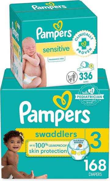 Diapers Size 3, 168 Count And Baby Wipes - Pampers Swaddlers Disposable Baby Diapers And Water Baby Wipes Sensitive Pop-Top Packs, 336 Count (Packaging May Vary)