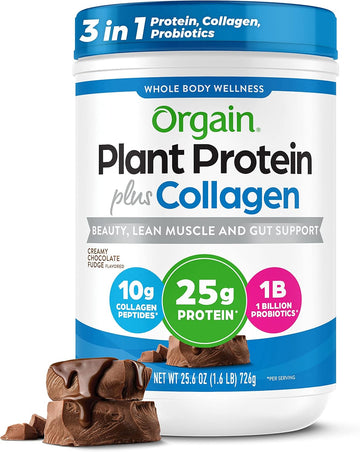 Orgain Protein Powder + Collagen, Creamy Chocolate Fudge - 25G Of Protein, 10G Collagen Peptides, Type I & Iii, 1B Cfu Probiotics, Supports Hair, Skin, Nail, Joint & Gut Health, Gluten Free - 1.6Lb