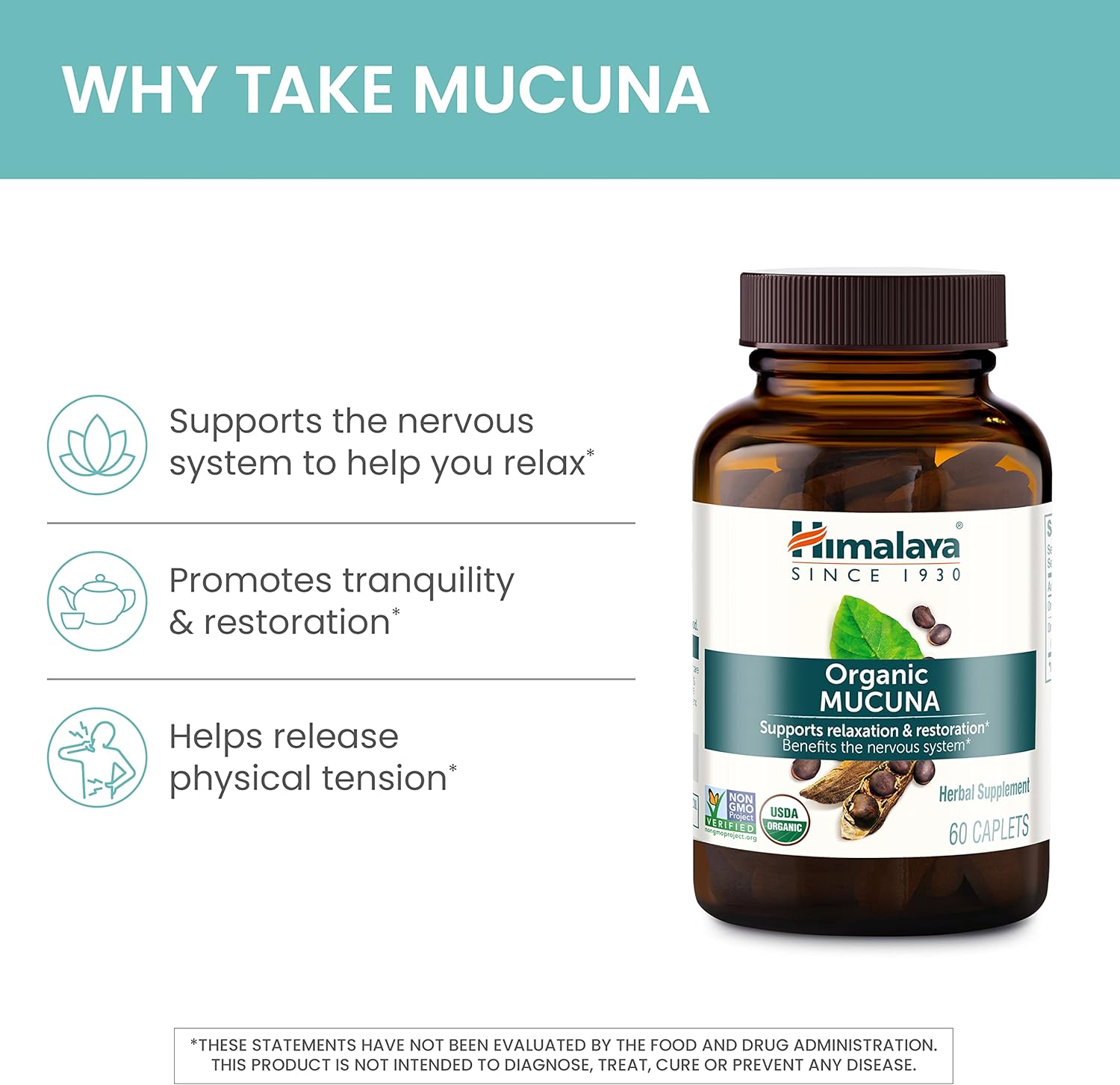 Himalaya Organic Mucuna Herbal Supplement, Supports Relaxation, Tension Relief, Brain Function, Non-GMO, USDA Organic, Vegan, Gluten Free, 600 mg, 60 Plant-Caplets, 2 Pack, 120 Day Supply : Health & Household