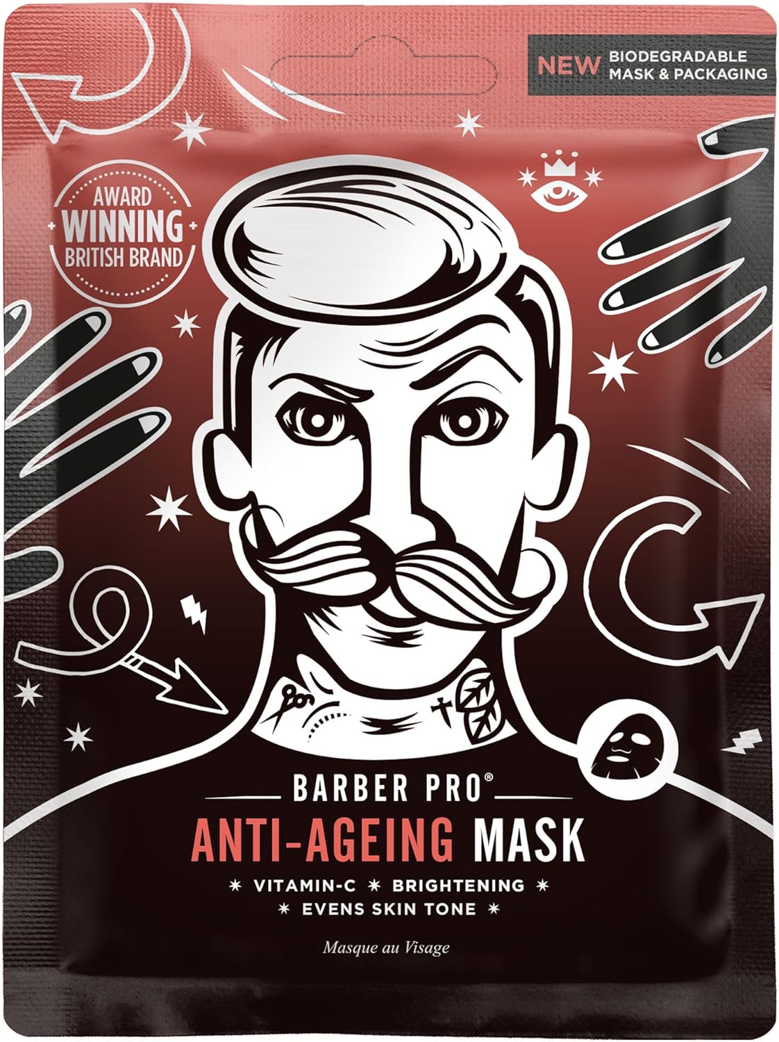 Barber Pro Anti-Ageing Mens Face Mask Vitamin C Moisturising For Dark Circles Redness & Wrinkles Natural Bamboo Sheet Hydration Vegan Skincare Multi Award Winning Brand