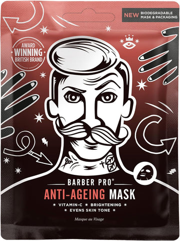 Barber Pro Anti-Ageing Mens Face Mask Vitamin C Moisturising For Dark Circles Redness & Wrinkles Natural Bamboo Sheet Hydration Vegan Skincare Multi Award Winning Brand