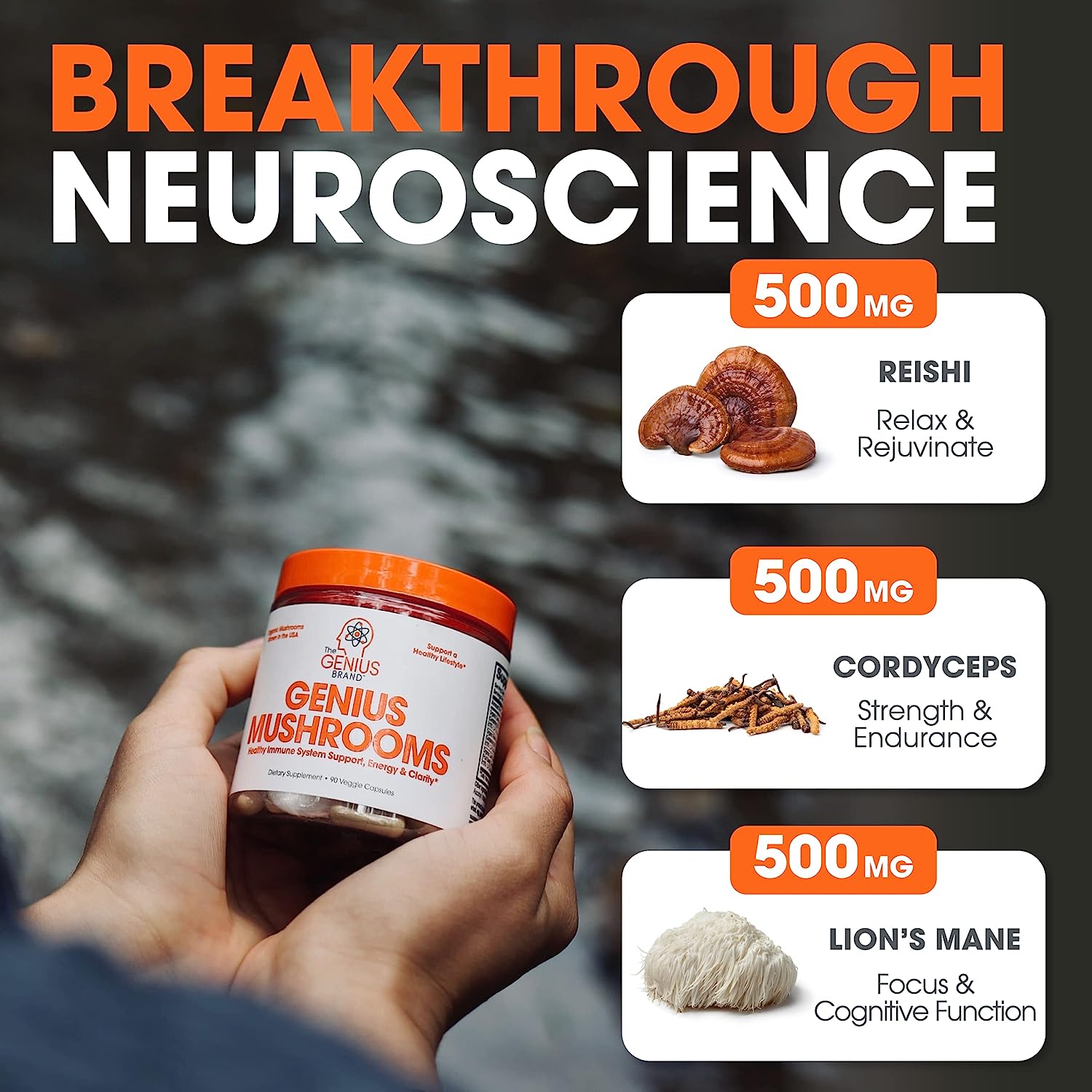 Genius Mushroom Supplement - Lions Mane, Cordyceps, Reishi - Brain Nootropic for Energy, Focus, Overall Wellness, & Immune Support, - 90 Veggie Pills : Health & Household