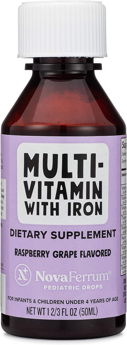 Novaferrum Yum | Multivitamin With Iron For Infants, Toddlers & Kids | Immune Support | Ages 4 & Under | Gluten Free Certified | Sugar Free | Raspberry Grape | 50 Servings