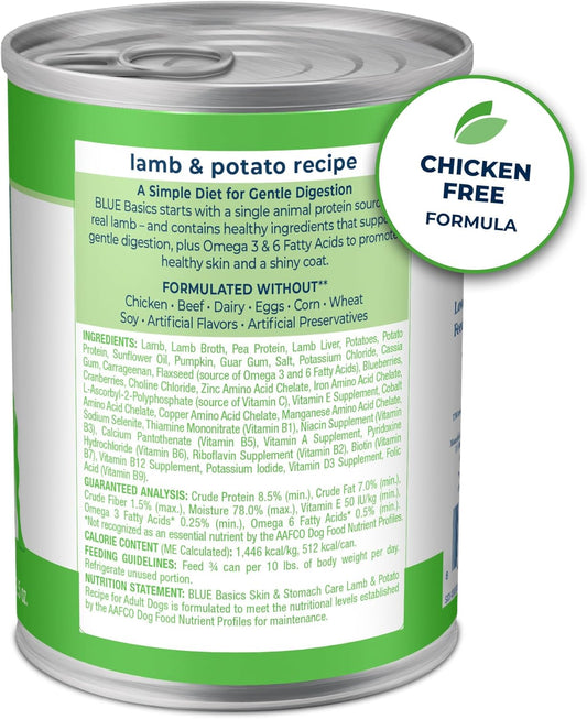 Blue Buffalo Basics Grain-Free Adult Wet Dog Food, Skin & Stomach Care, Limited Ingredient Diet, Lamb Recipe, 12.5-Oz. Can, 12 Count