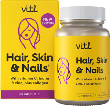 Vitl Hair, Skin & Nails + Collagen, A Dose Of Classic Complexion Heroes Such As Collagen, Vitamin E, Biotin And Zinc | 30 Capsules