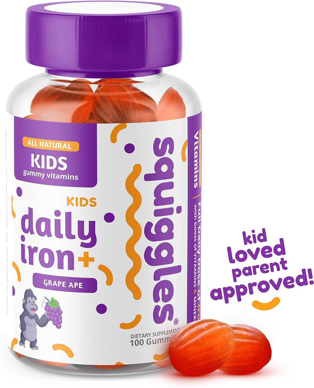 Squiggles Kids Daily Iron+ Gummies 100ct. | All-Natural, Low Sugar, and Super Yummy | Daily Dose of Iron + Boost of Vitamins and Minerals. : Health & Household