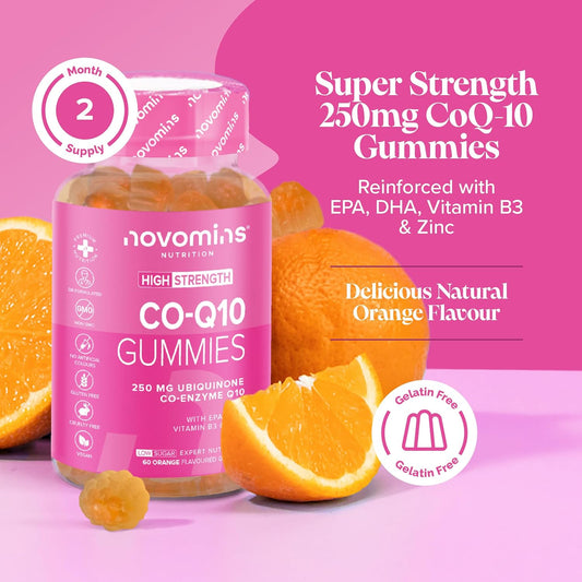 Coq10 Gummies – 250Mg High Strength Coq10 Supplement – 60 Gummies – Coenzyme Q10 With Epa, Dha, Vitamin B3 & Zinc - Co Enzyme Cq10 Naturally Fermented High Absorption Cq10 Supplement - Novomins