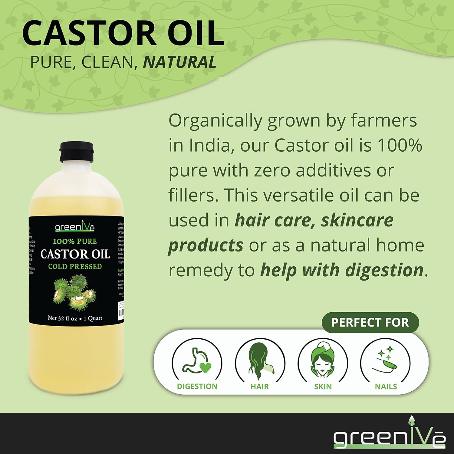 Greenive Castor Oil Organically Grown 100% Pure 32Oz Bottle Cold Pressed, Hexane Free, Eyelash And Eyebrow Growth Serum, Skin Moisturizer Detox And Wraps : Beauty & Personal Care