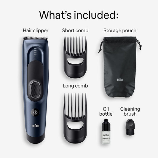 Braun Hair Clippers Series 5 5350, Hair Clippers For Men, Hair Clip From Home With 17 Length Settings, Incl. Memory Safetylock Recall Setting, Ultra-Sharp Blades, 2 Combs, Pouch, Washable