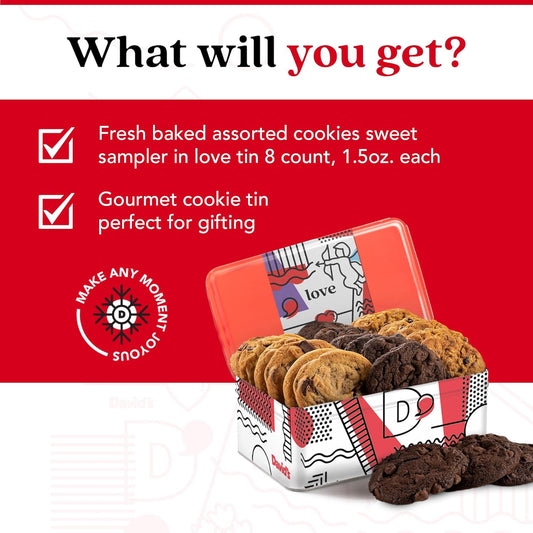 David’S Fresh Baked Assorted Cookies Sweet Sampler In Love Tin 8 Count - Chocolate Chunk, Peanut Butter Chip, Double Chocolate Chunk & Oatmeal Raisin Flavor, Delicious Gourmet Gift For All Occasions