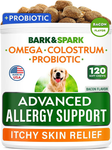 BARK&SPARK Advanced Dog Allergy Itch Relief Chews - Skin Probiotics w/Fish Oil Omega 3 - Itchy Skin Relief Pills - Anti Itching Licking - Skin Allergies Treatment Immune Supplement Colostrum-120 Bacon
