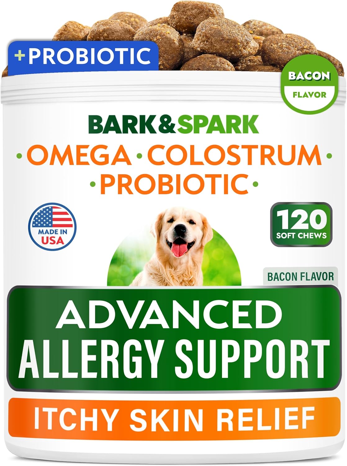 Bark&Spark Advanced Dog Allergy Itch Relief Chews - Skin Probiotics W/Fish Oil Omega 3 - Itchy Skin Relief Pills - Anti Itching Licking - Skin Allergies Treatment Immune Supplement Colostrum-120 Bacon