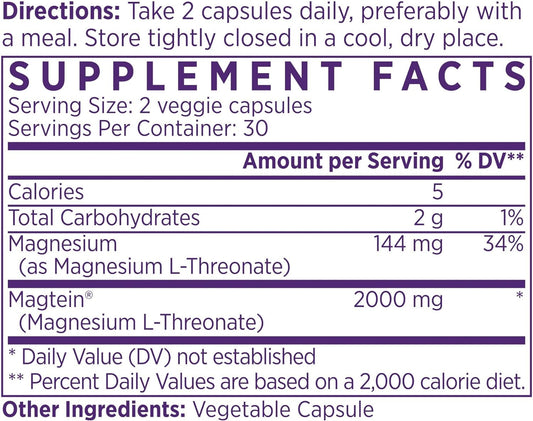 NAOMI Magnesium L-Threonate with 2,000mg Patented Magtein?, High Absorption Elemental Magnesium, Memory Supplement - Brain Health, Focus, Nerve Support, Heart Health, Natural Sleep Aid, 60 Veggie Caps