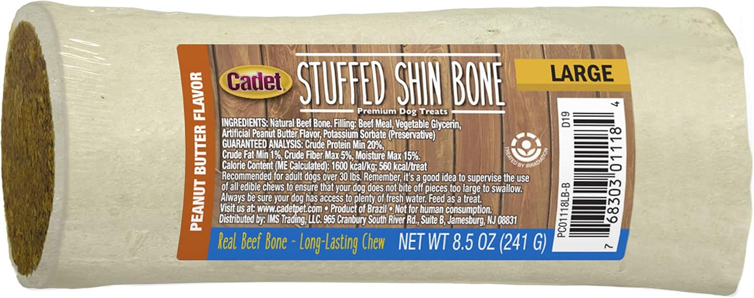 Cadet Stuffed Shin Bone - Highly Digestible, High Protein, Long-Lasting Dog Chew Bone For Aggressive Chewers, Supports Dental Health, - Peanut Butter Flavor, Large (1 Count)